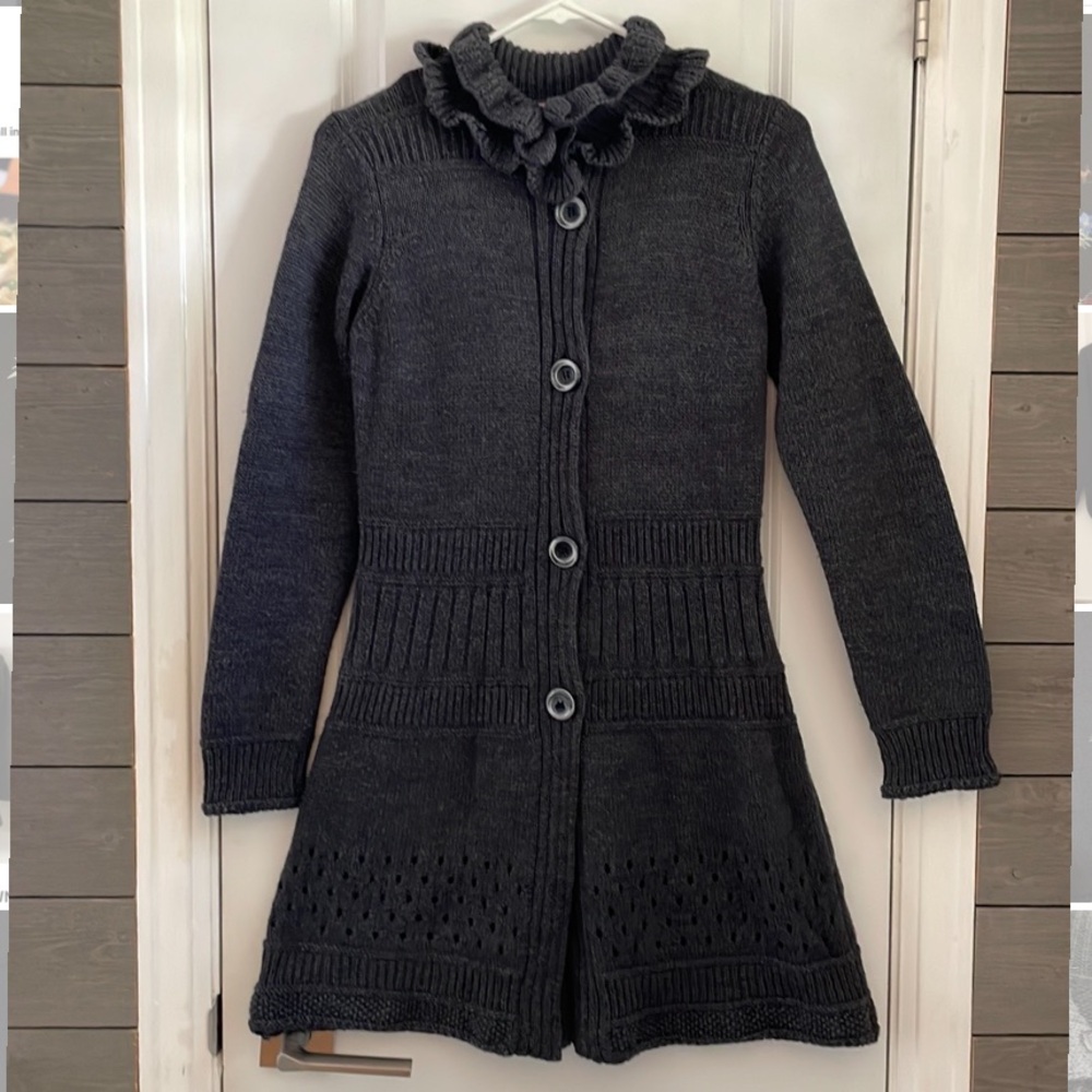 Hekla & CO Charcoal Cardigan Ruffle Sweater Made in Italy S EUC